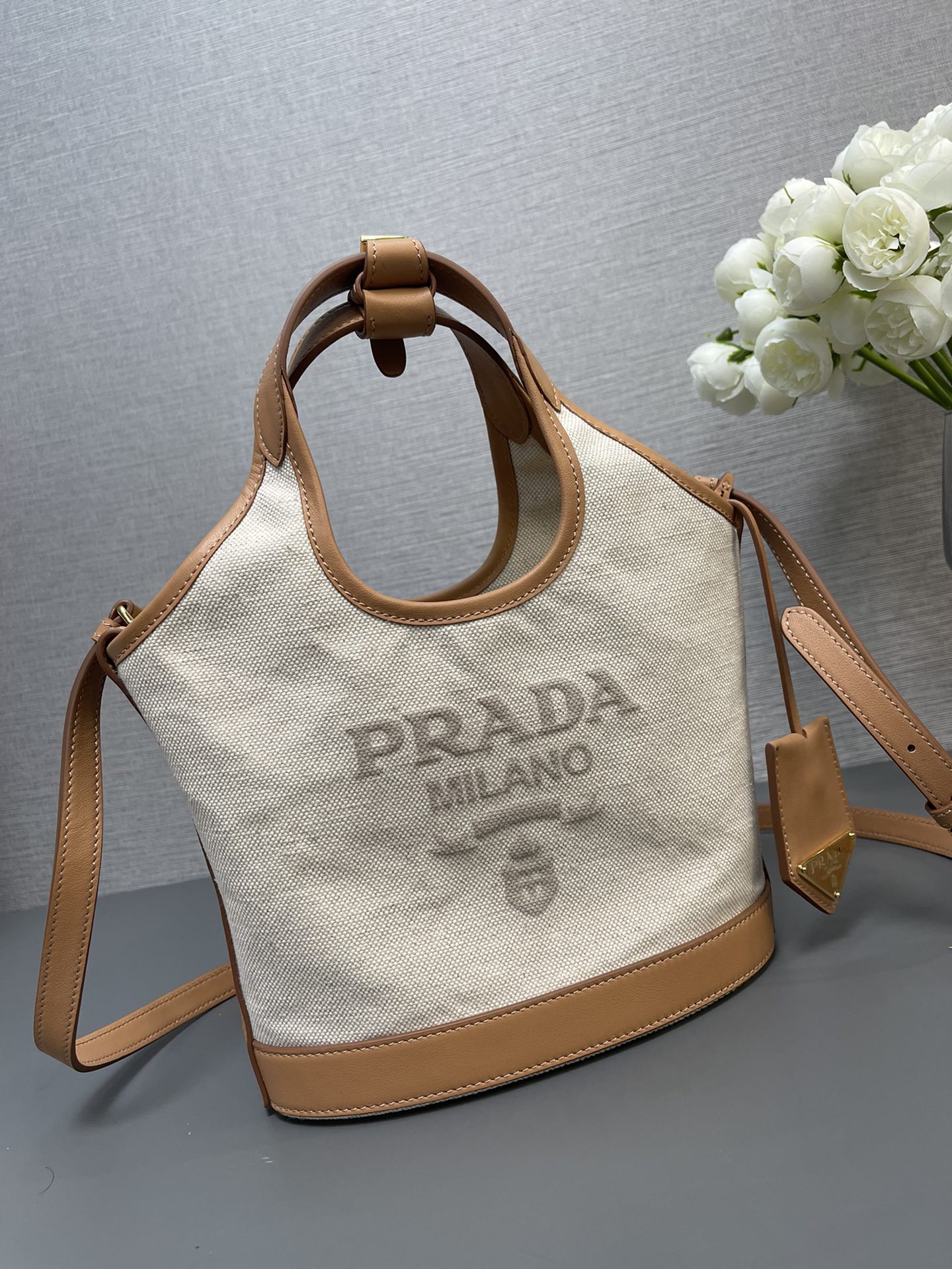 Prada Linen Blend And Leather Mini Buckle Bag Natural 1BE074